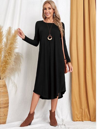 Pocketed Round Neck Long Sleeve Tee Dress - AllIn Computer
