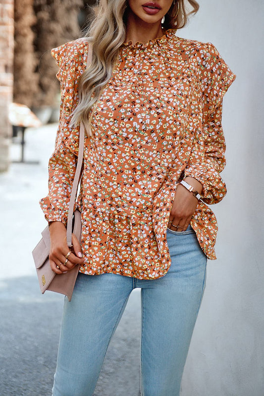 Ruffle Collar Long Sleeve Peplum Top - AllIn Computer