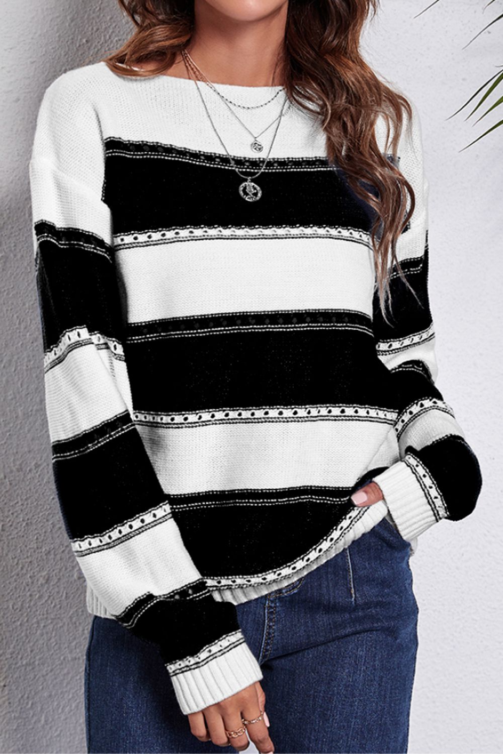 Striped Boat Neck Dropped Shoulder Sweater - AllIn Computer