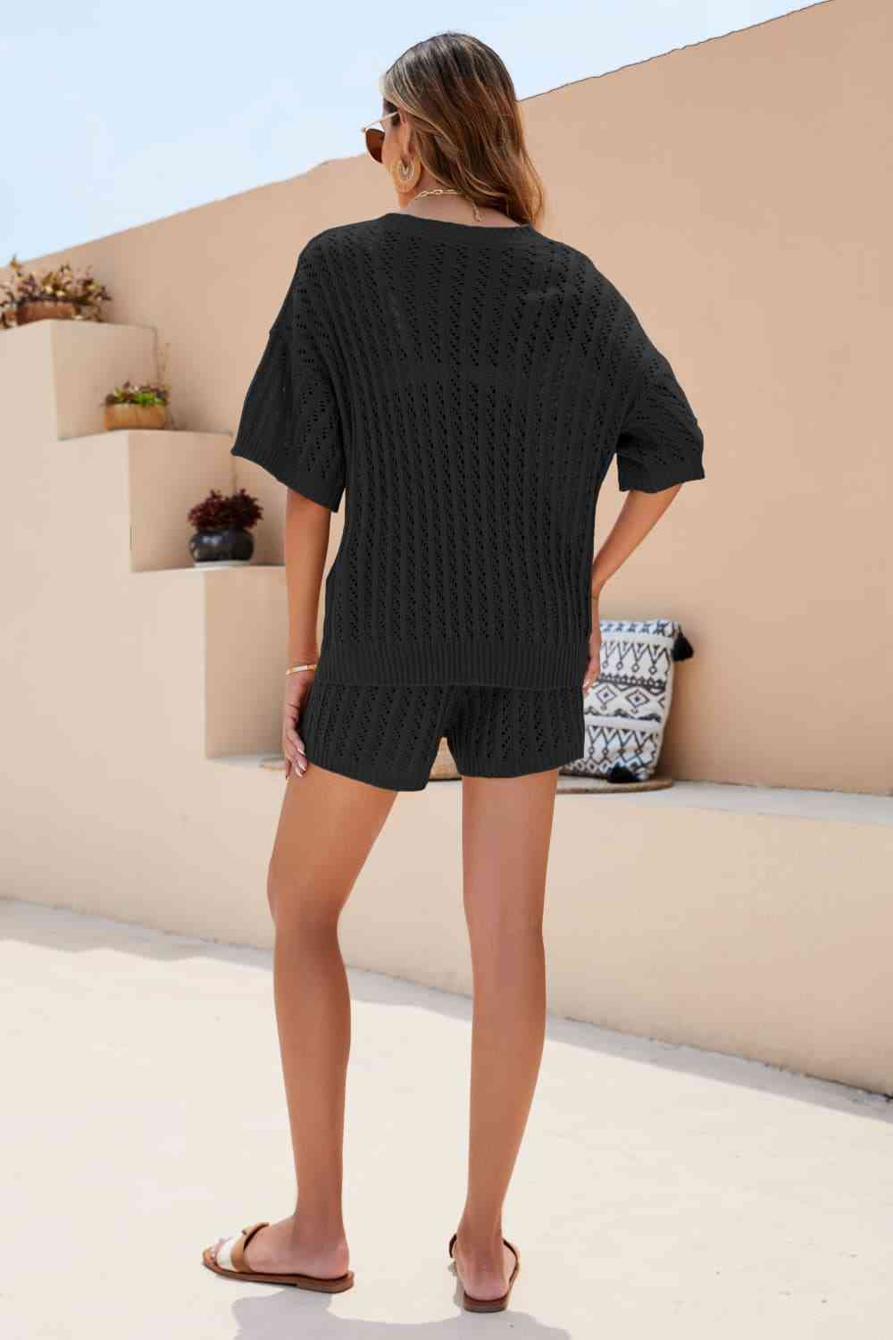 Openwork V-Neck Top and Shorts Set - AllIn Computer
