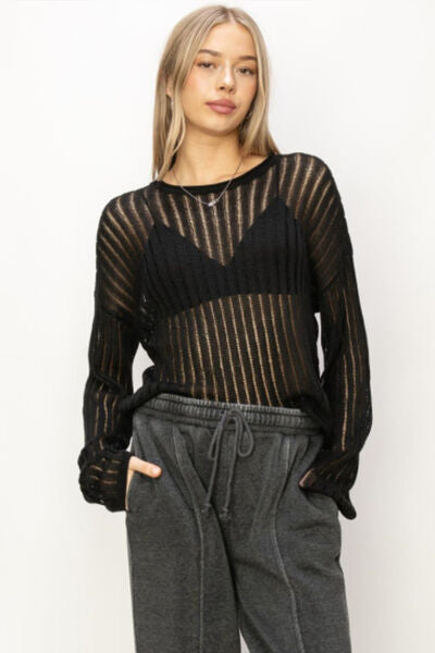 HYFVE Openwork Ribbed Long Sleeve Knit Top - AllIn Computer