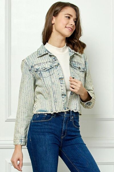 Veveret Multi Color Stripe Rhinestone Raw Hem Denim Jacket - AllIn Computer