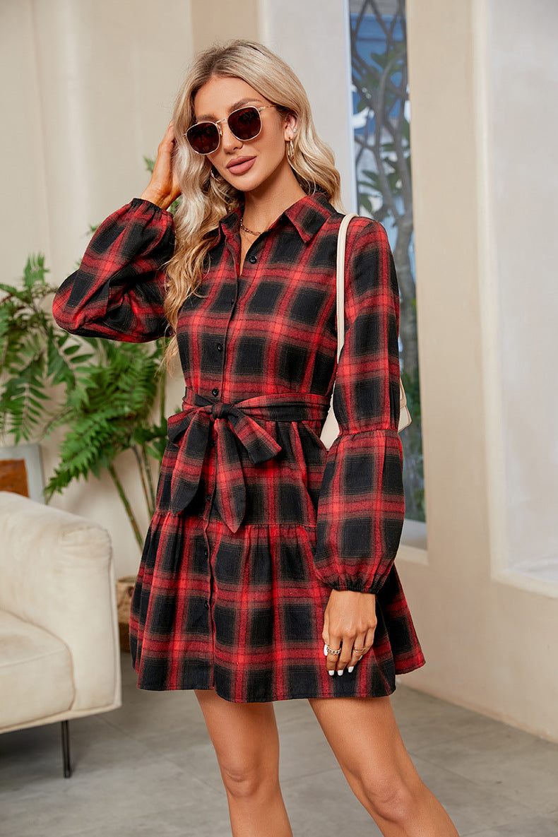 Plaid Print Tie Waist Collared Neck Shirt Dress - AllIn Computer