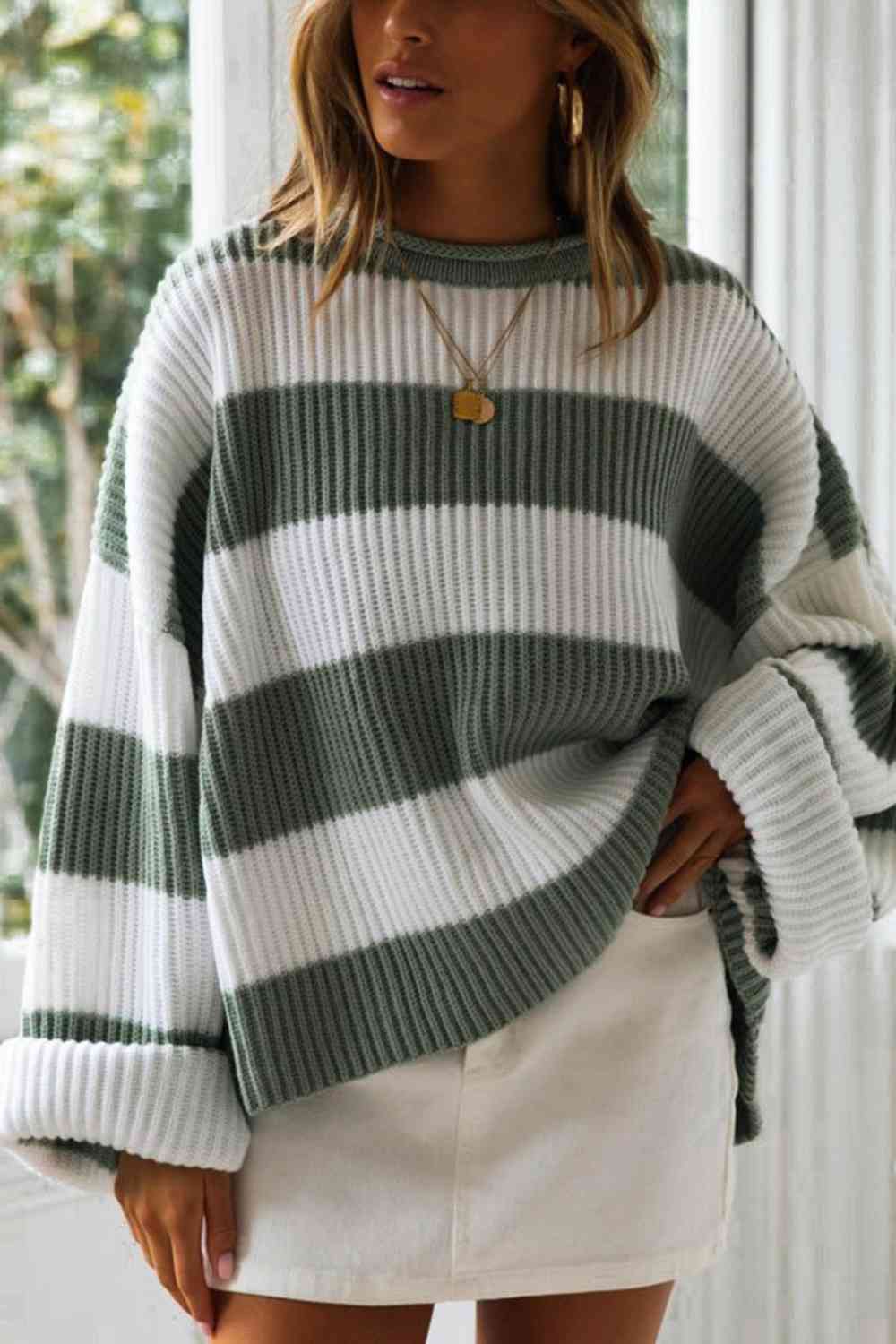 Striped Round Neck Long Sleeve Sweater - AllIn Computer