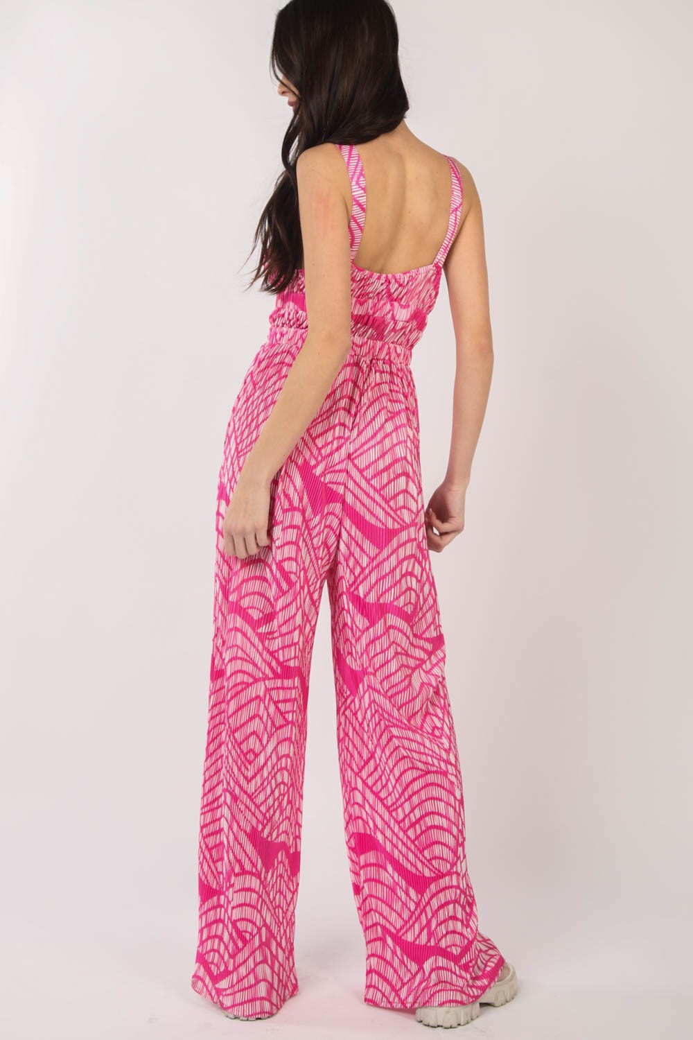 VERY J Printed Pleated Sleeveless Wide Leg Jumpsuit - AllIn Computer