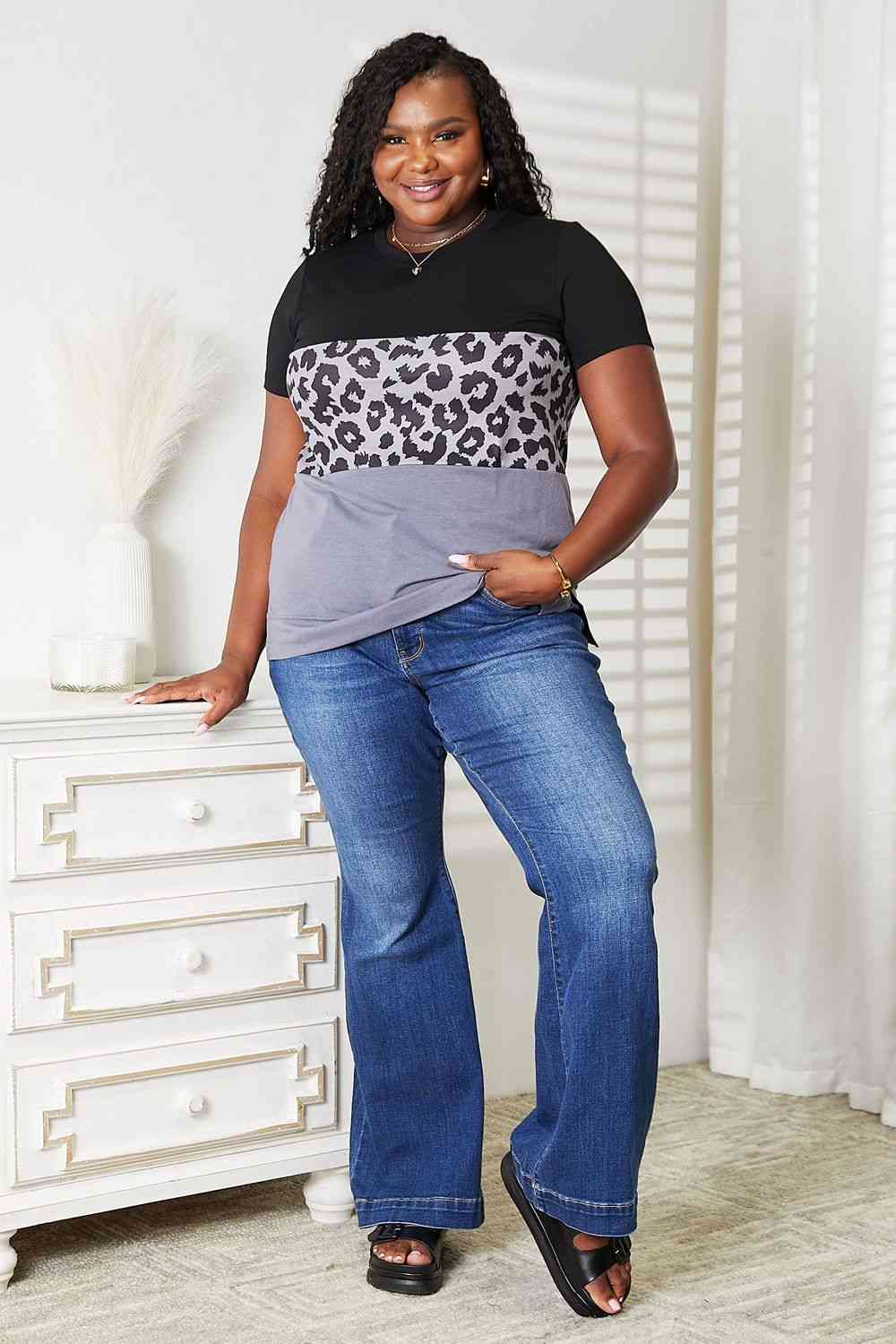 Double Take Leopard Print Color Block Short Sleeve T-Shirt - AllIn Computer