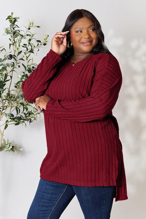 Basic Bae Full Size Ribbed Round Neck Long Sleeve Slit Top - AllIn Computer