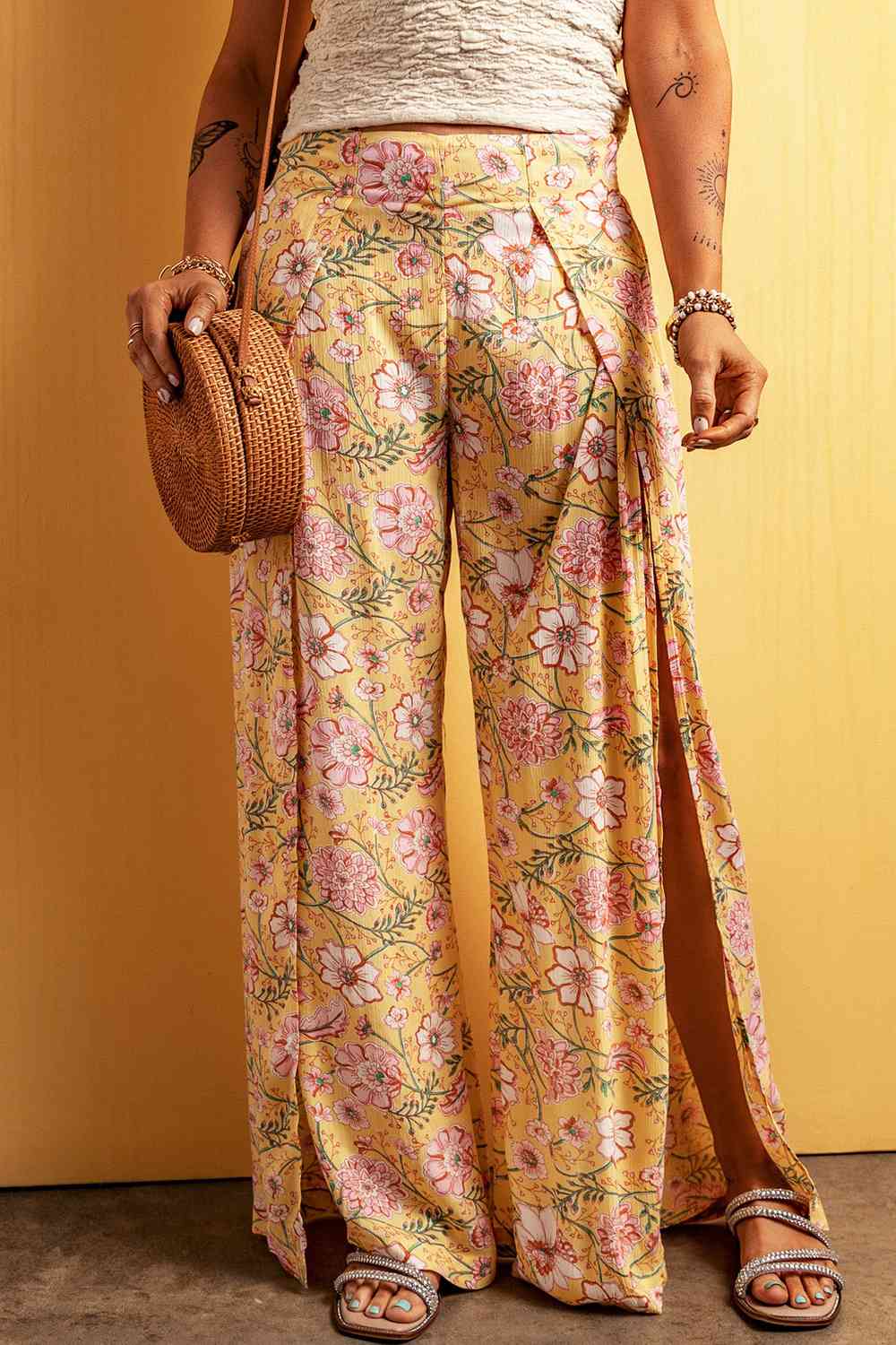 Floral Slit Wide Leg Pants - AllIn Computer