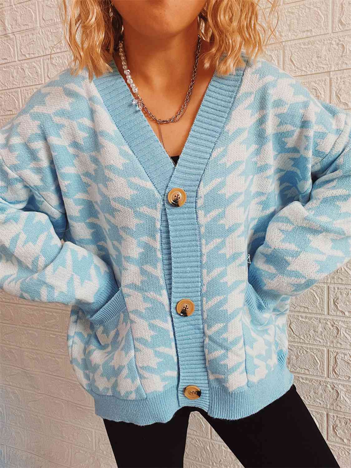 Houndstooth Botton Front  Cardigan with Pockets - AllIn Computer