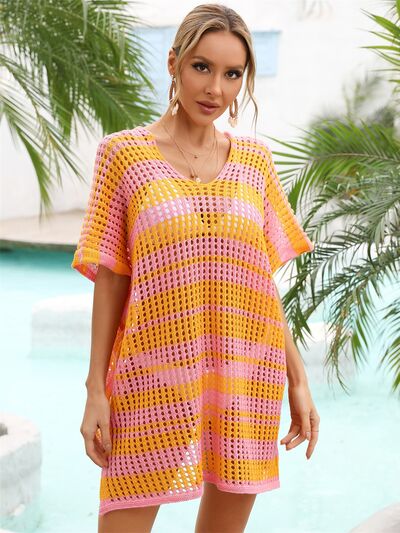 Tassel Openwork Striped V-Neck Cover Up - AllIn Computer