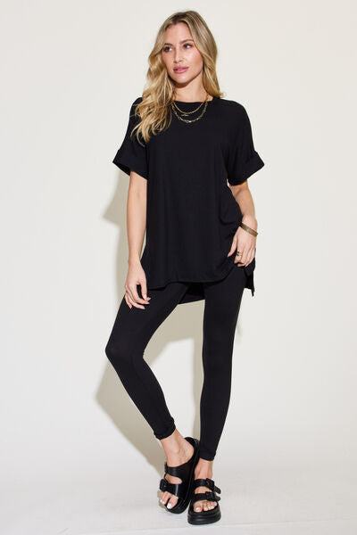 Zenana Plus Size Short Sleeve Slit T-Shirt and Leggings Lounge Set - AllIn Computer