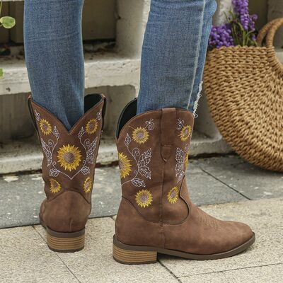 Sunflower Embroidered Block Heel Boots - AllIn Computer
