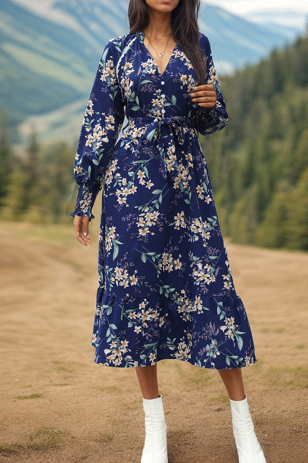 Printed Notched Lantern Sleeve Midi Dress - AllIn Computer