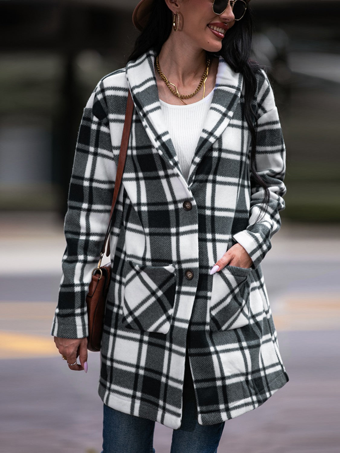 Plaid Shawl Collar Coat with Pockets - AllIn Computer