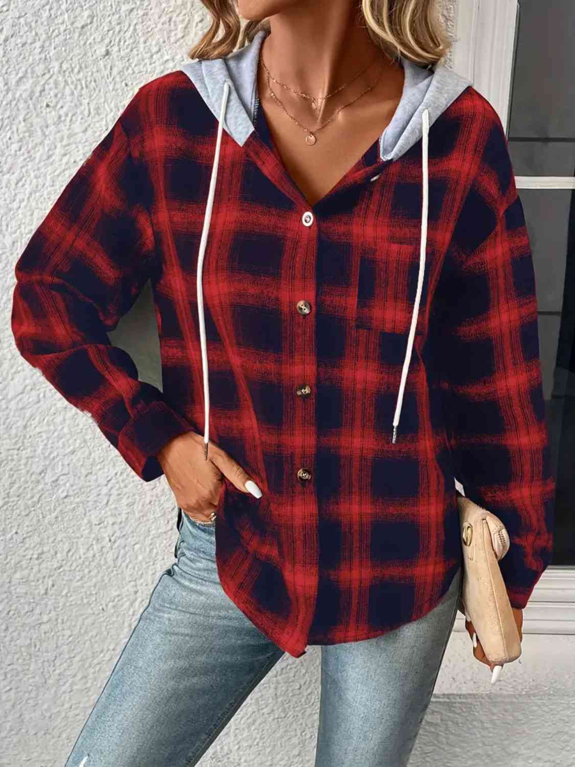 Plaid Drawstring Button Up Hooded Jacket - AllIn Computer