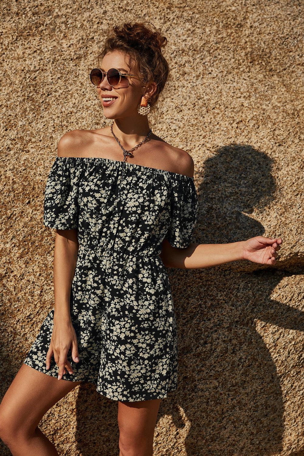 Printed Off-Shoulder Short Sleeve Romper - AllIn Computer
