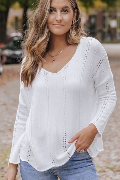 Openwork V-Neck Long Sleeve Knit Top - AllIn Computer