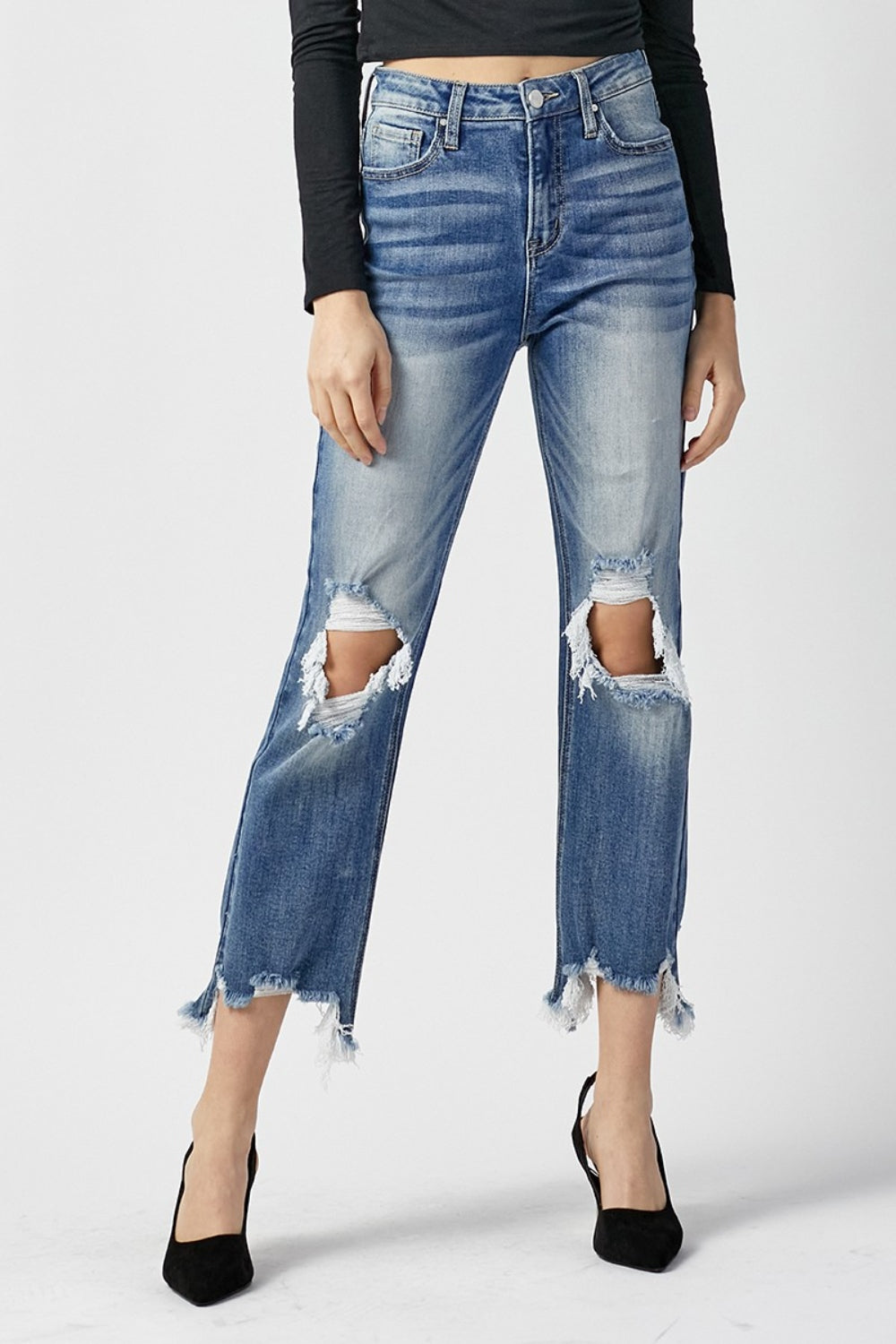 RISEN High Waist Distressed Frayed Hem Cropped Straight Jeans - AllIn Computer