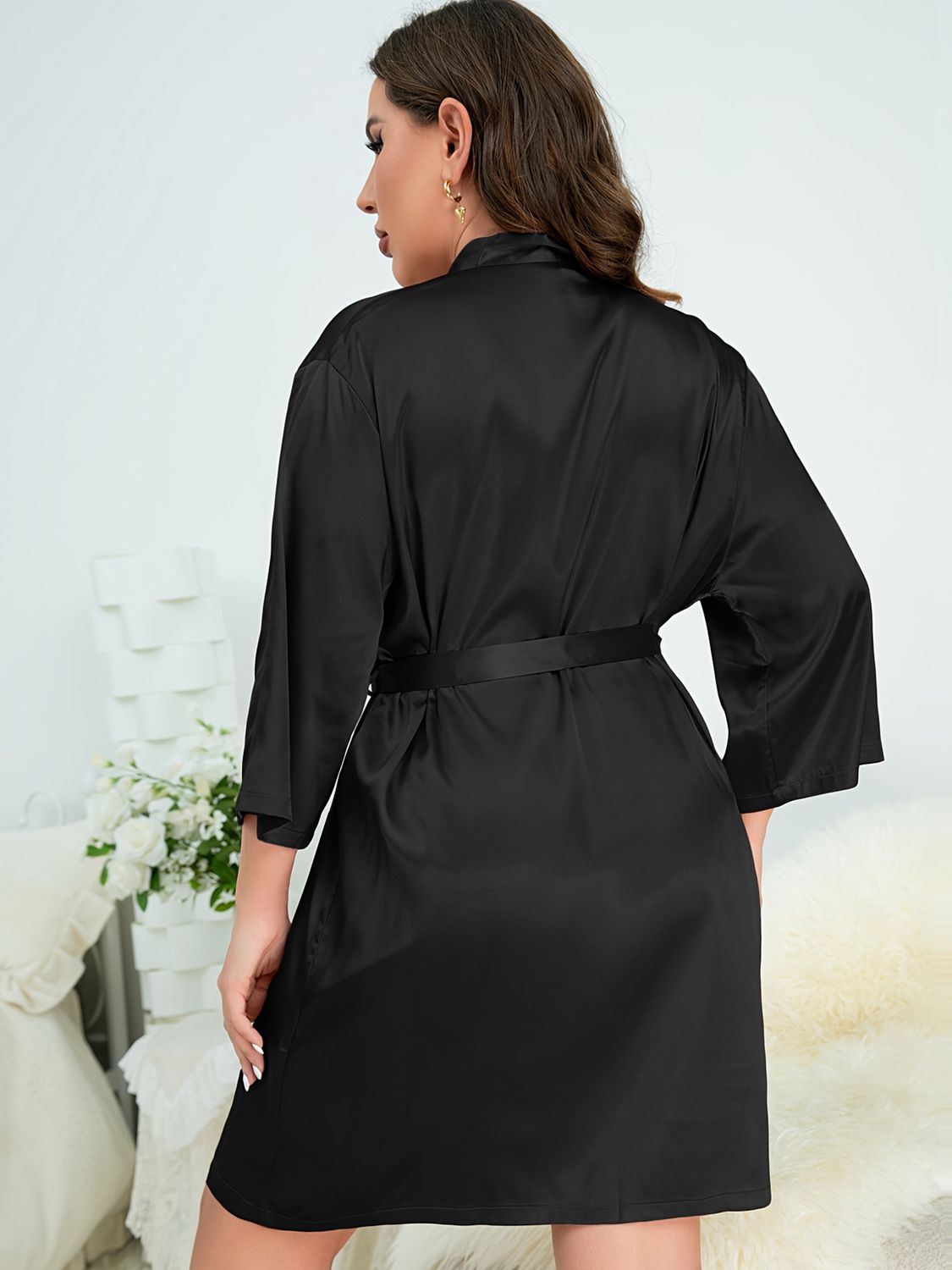 Plus Size Surplice Neck Tie Waist Robe - AllIn Computer