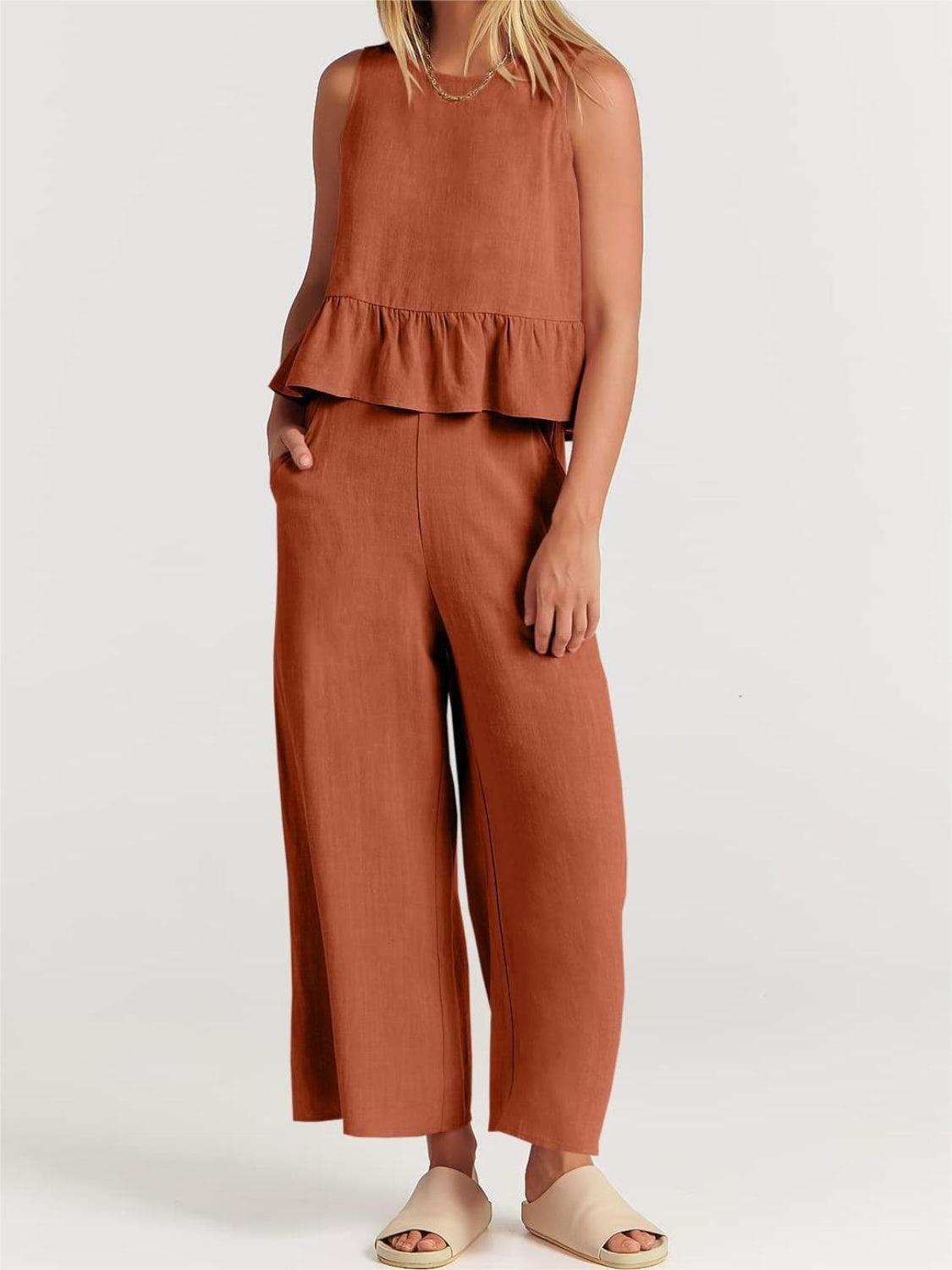 Full Size Round Neck Top and Wide Leg Pants Set - AllIn Computer