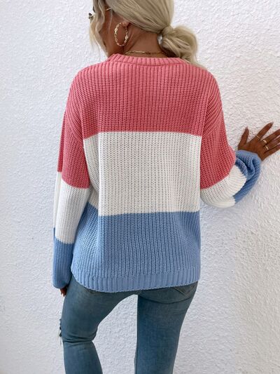 Color Block Round Neck Sweater - AllIn Computer