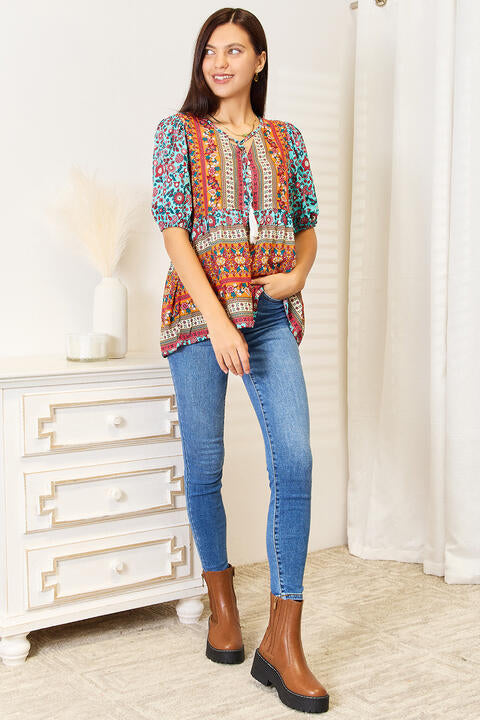 Double Take Bohemian Tassel Tie Puff Sleeve Babydoll Blouse - AllIn Computer