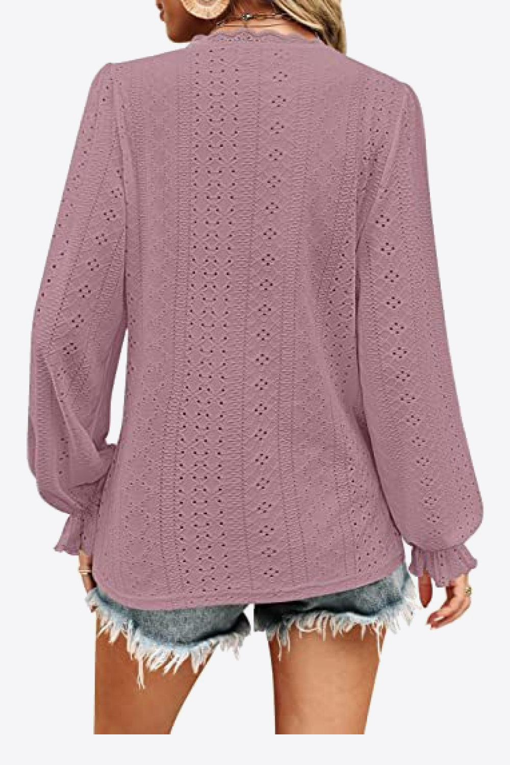 Eyelet V-Neck Flounce Sleeve Blouse - AllIn Computer