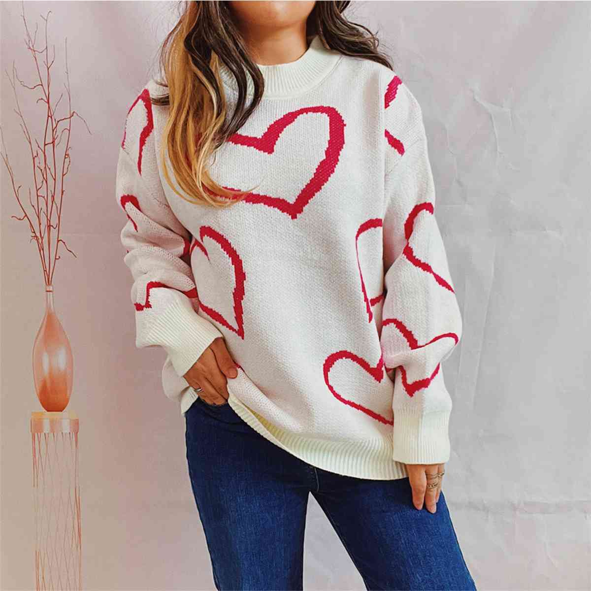 Heart Pattern Long Sleeve Sweater - AllIn Computer