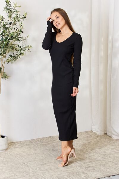 Culture Code Full Size Ribbed Long Sleeve Midi Slit Dress - AllIn Computer