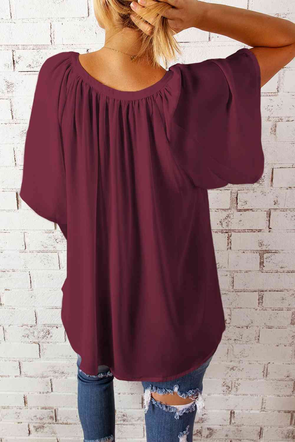 Gathered Detail Notched Neck Flutter Sleeve Top - AllIn Computer