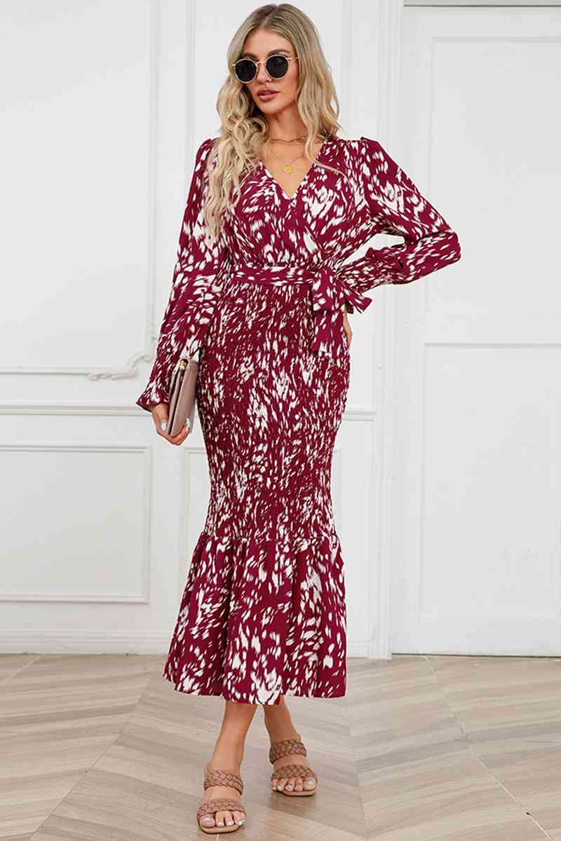 Printed V-Neck Smocked Midi Dress - AllIn Computer