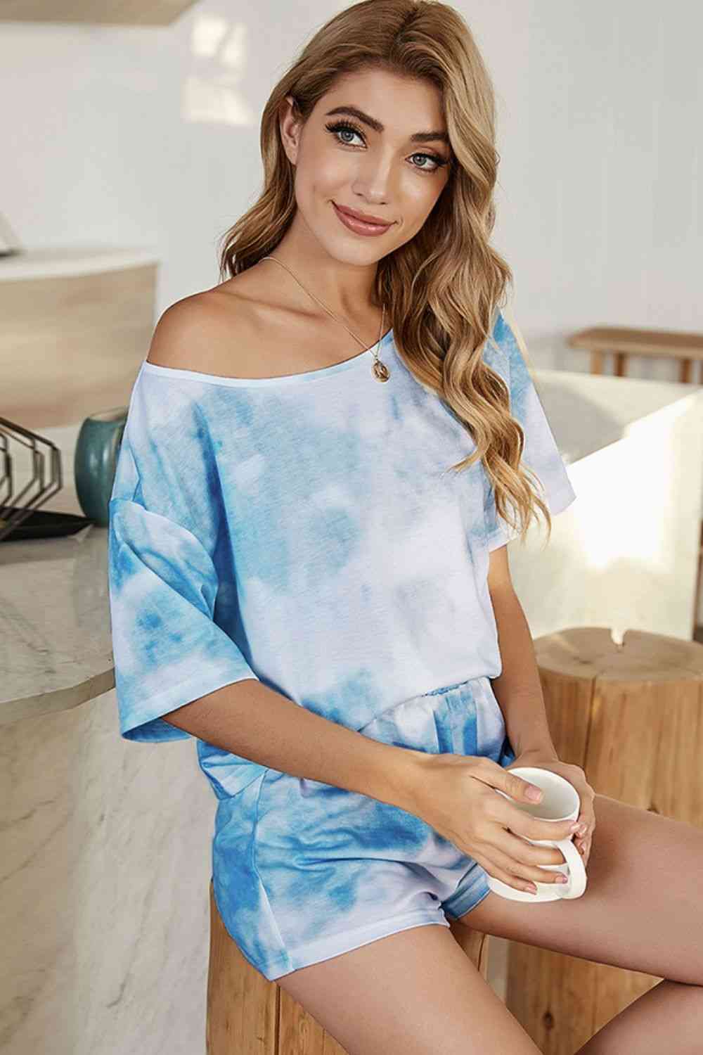Tie-Dye Boat Neck Top and Shorts Lounge Set | CLOTHING,SHOES & ACCESSORIES | outfit sets, Romantichut, Ship From Overseas | Trendsi