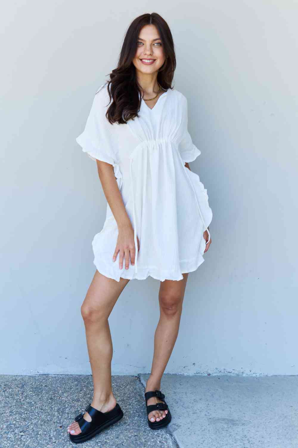 Ninexis Out Of Time Full Size Ruffle Hem Dress with Drawstring Waistband in White - AllIn Computer