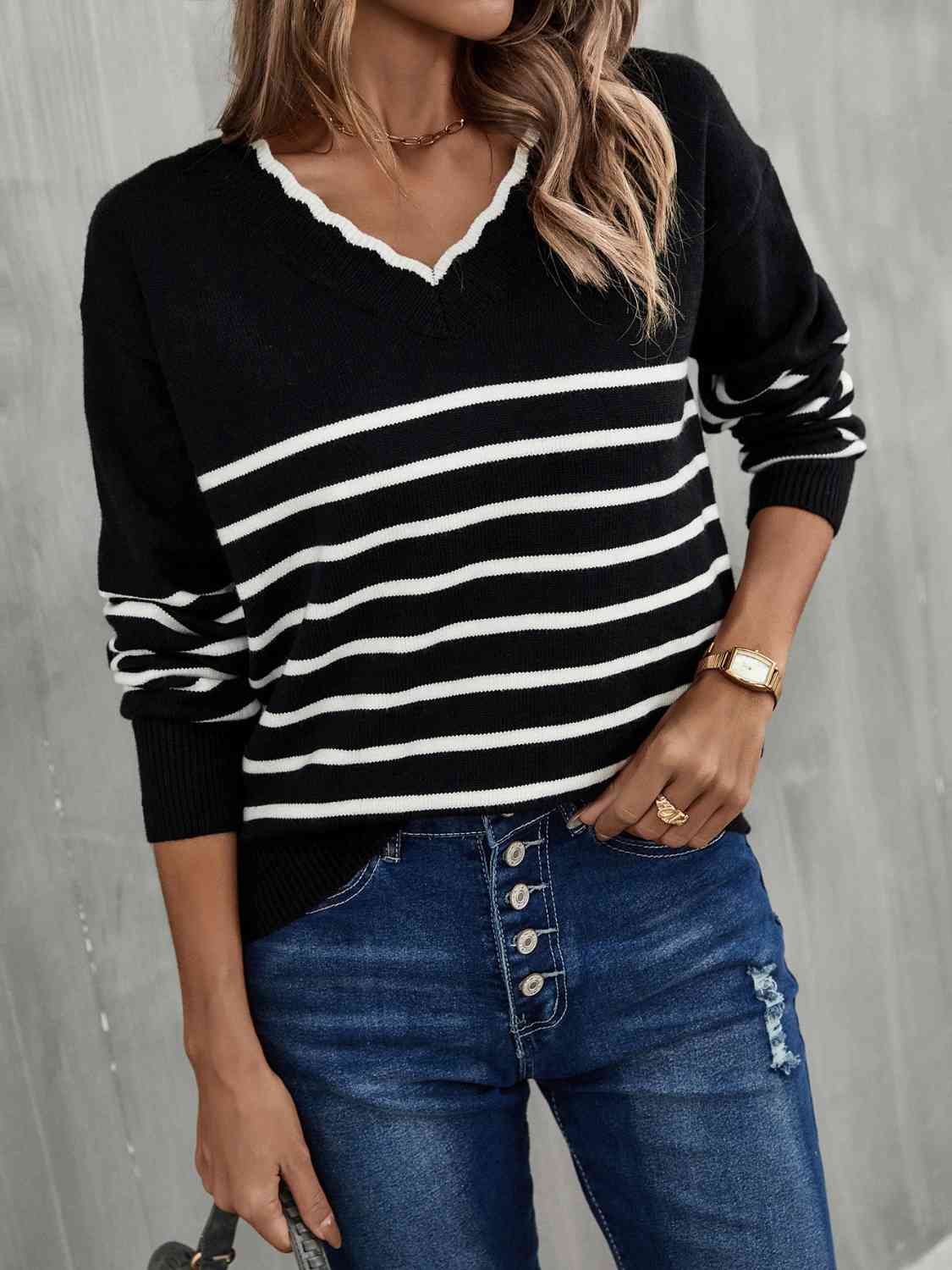 Striped V-Neck Drop Shoulder Sweater - AllIn Computer