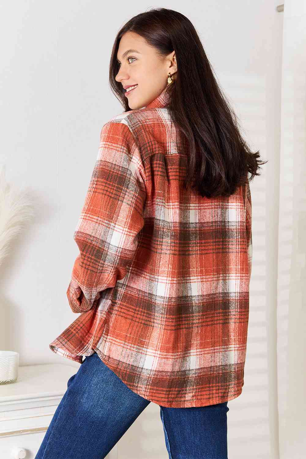 Double Take Plaid Collared Neck Long Sleeve Shirt - AllIn Computer