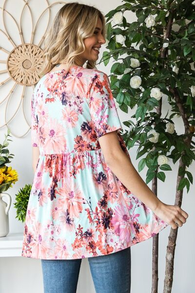 Heimish Full Size Floral V-Neck Short Sleeve Babydoll Blouse - AllIn Computer