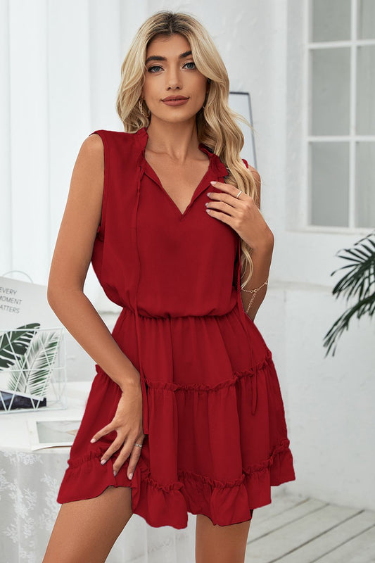 Frill Trim Tie Neck Sleeveless Mini Dress - AllIn Computer
