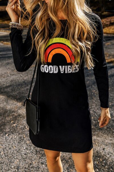 GOOD VIBES Round Neck Long Sleeve Dress - AllIn Computer
