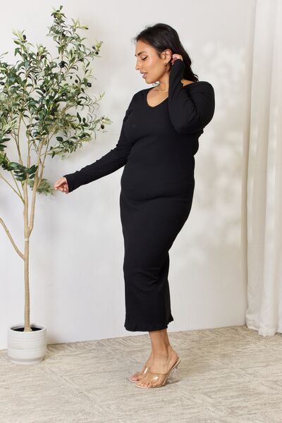 Culture Code Full Size Ribbed Long Sleeve Midi Slit Dress - AllIn Computer