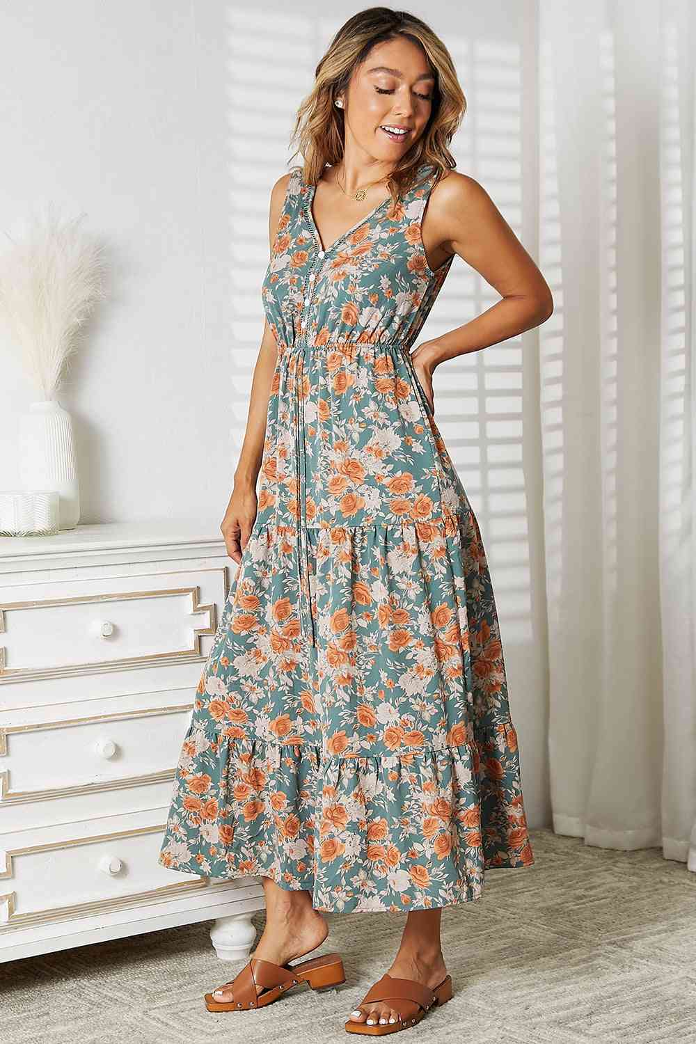 Double Take Floral V-Neck Tiered Sleeveless Dress - AllIn Computer