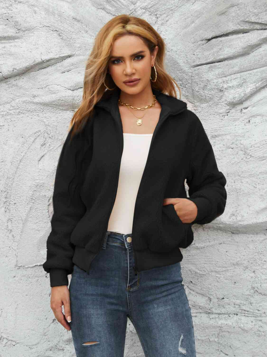 Zip Up Collared Neck Long Sleeve Jacket - AllIn Computer