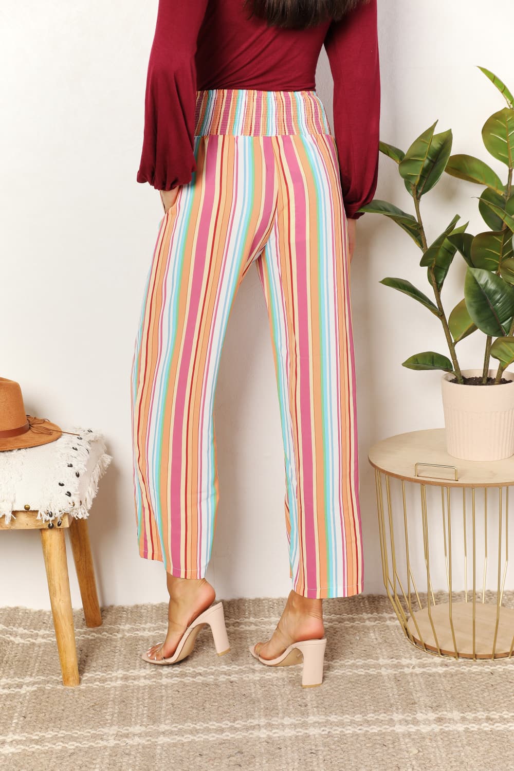 Double Take Striped Smocked Waist Pants with Pockets - AllIn Computer