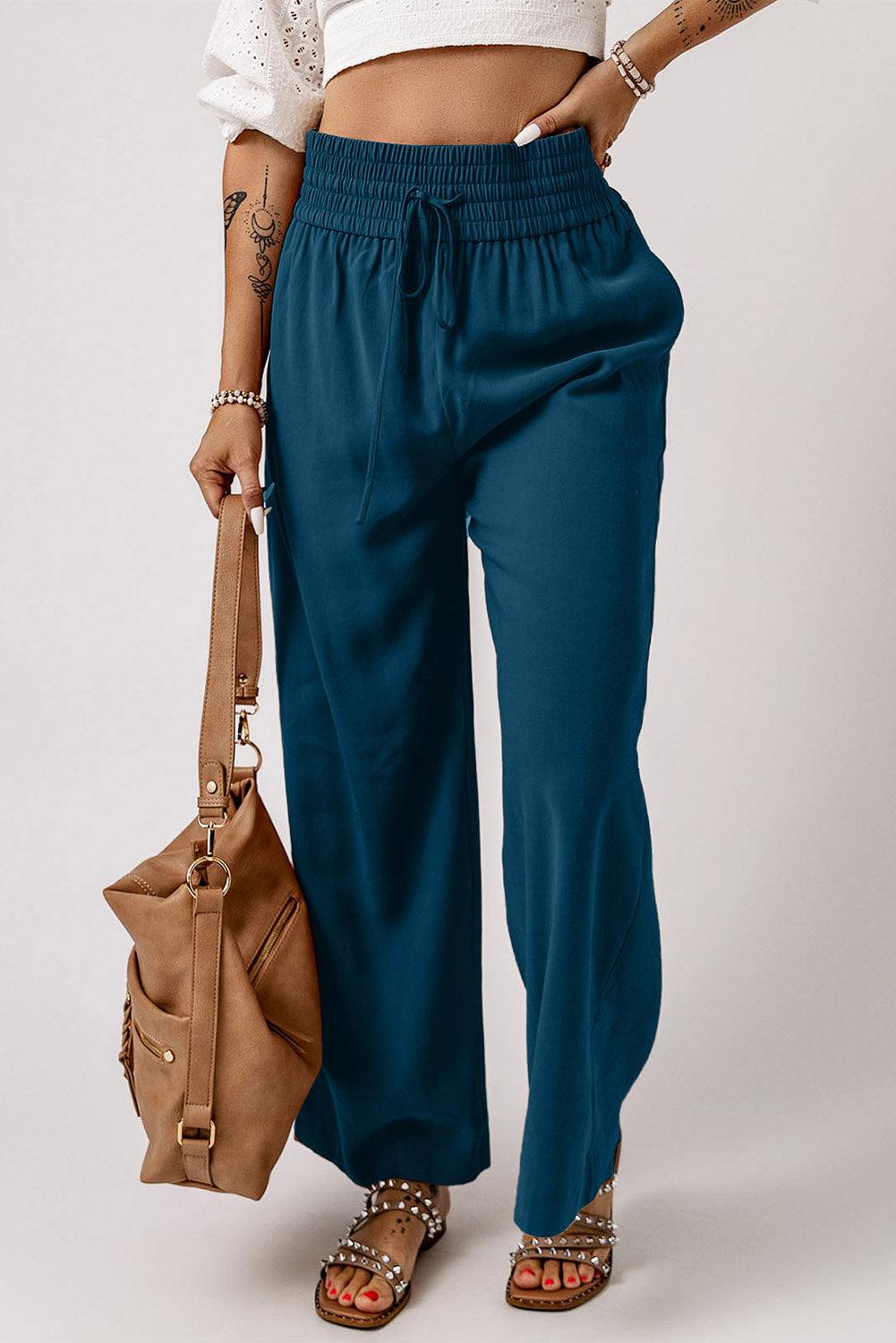 Drawstring Smocked Waist Wide Leg Pants - AllIn Computer