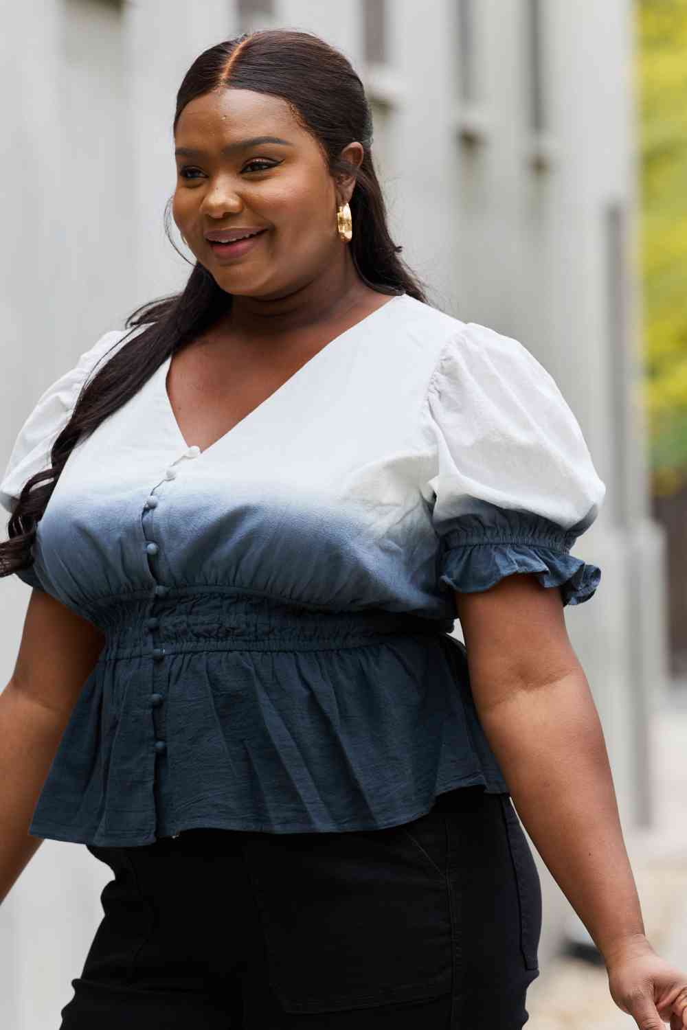 White Birch Full Size Smocked Waist Ombre Woven Top - AllIn Computer