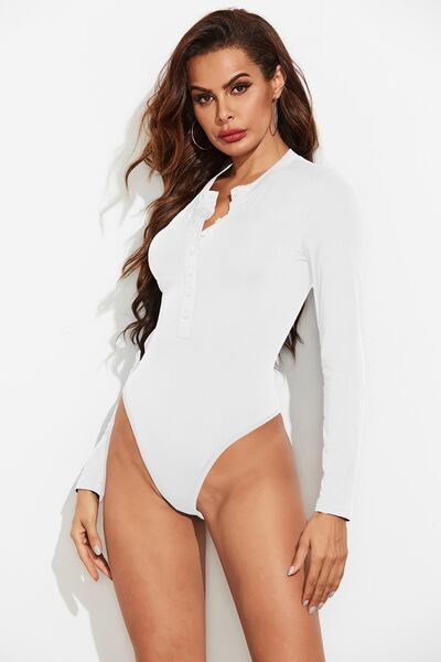 Half Button Round Neck Long Sleeve Bodysuit - AllIn Computer