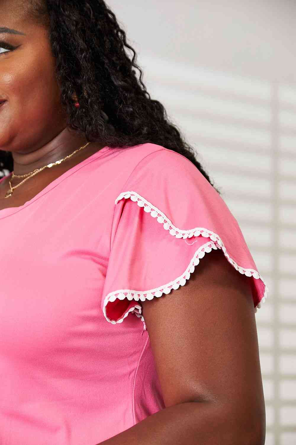 Double Take Pom-Pom Trim Flutter Sleeve Round Neck T-Shirt - AllIn Computer