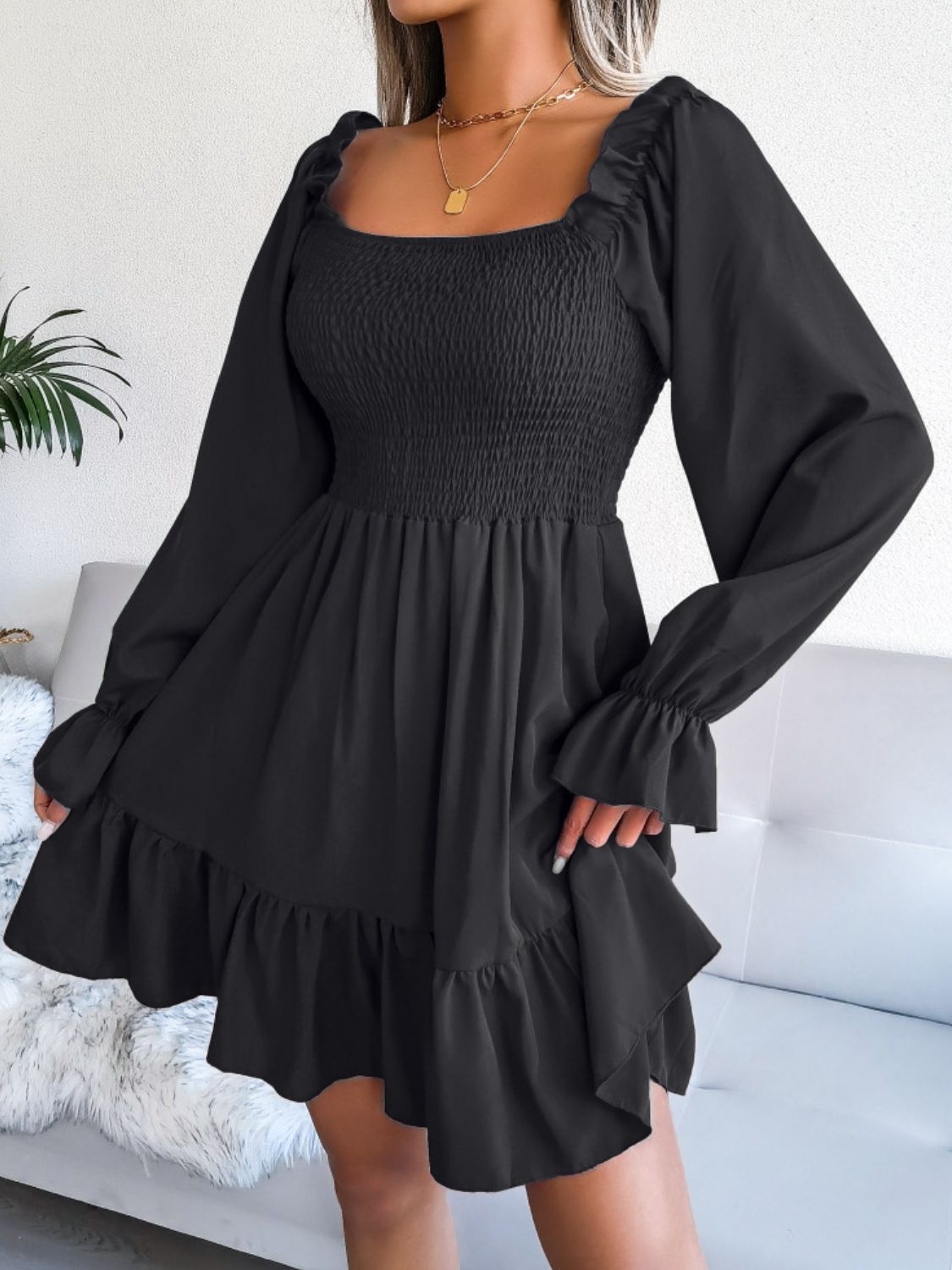 Smocked Flounce Sleeve Square Neck Dress - AllIn Computer