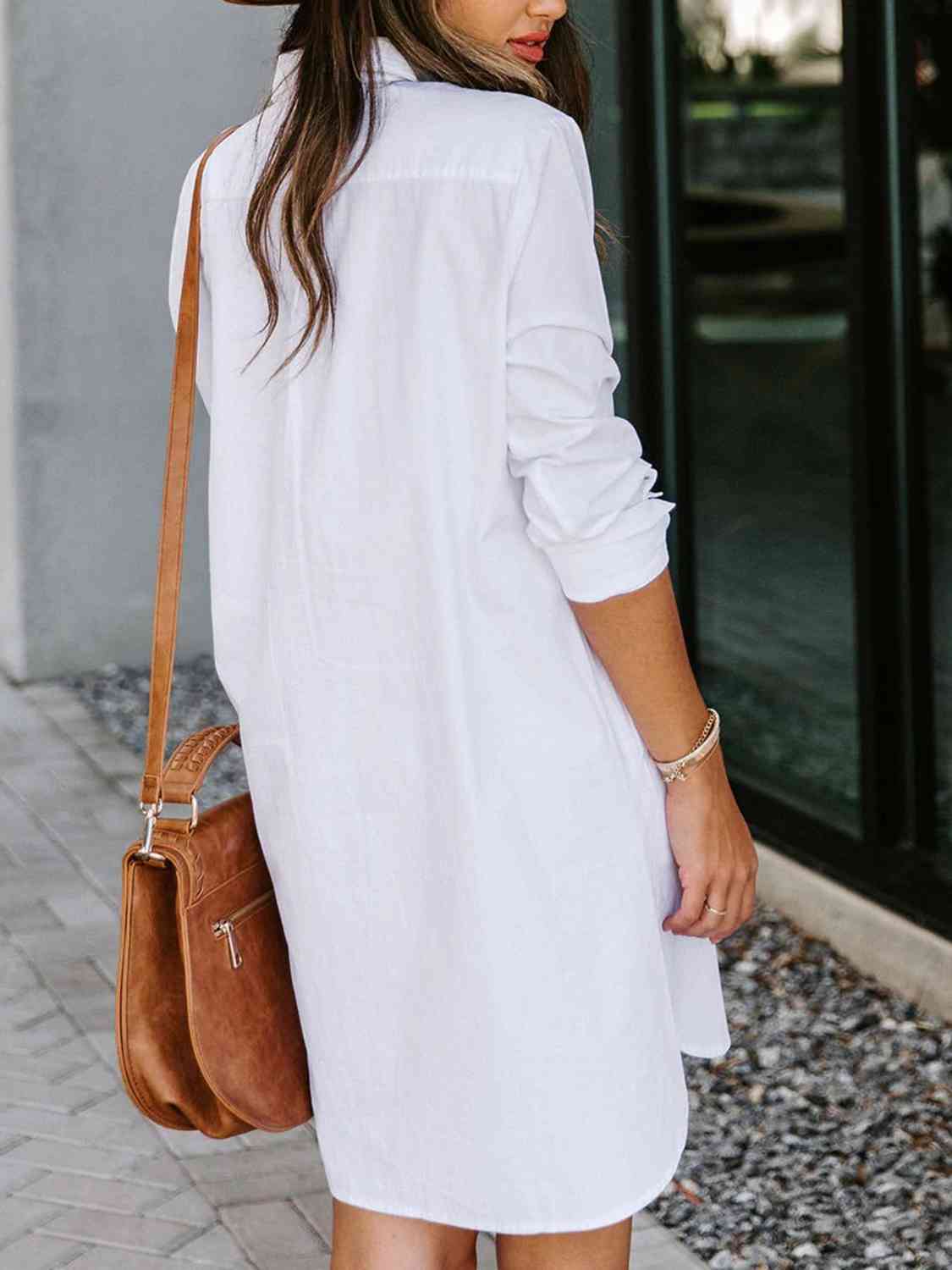 Button Up Collared Neck Long Sleeve Shirt Dress - AllIn Computer