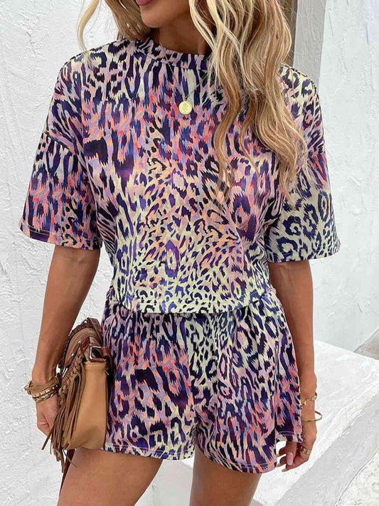 Printed Round Neck Dropped Shoulder Half Sleeve Top and Shorts Set - AllIn Computer