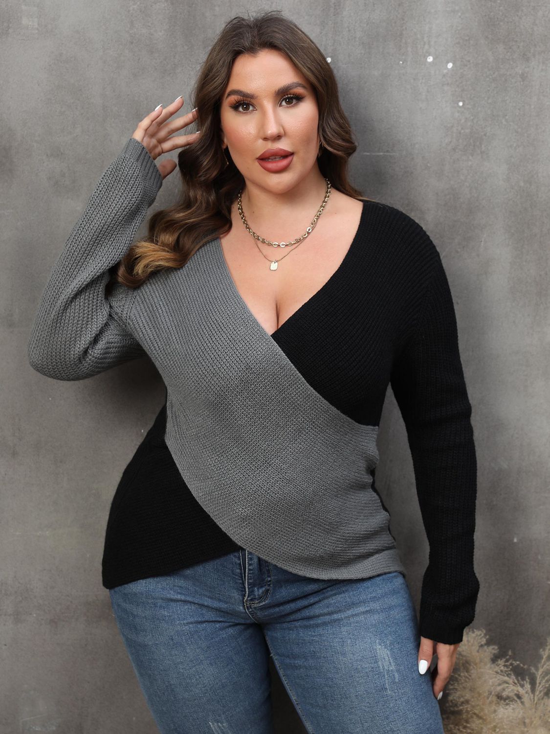 Plus Size Two-Tone Surplice Neck Sweater - AllIn Computer